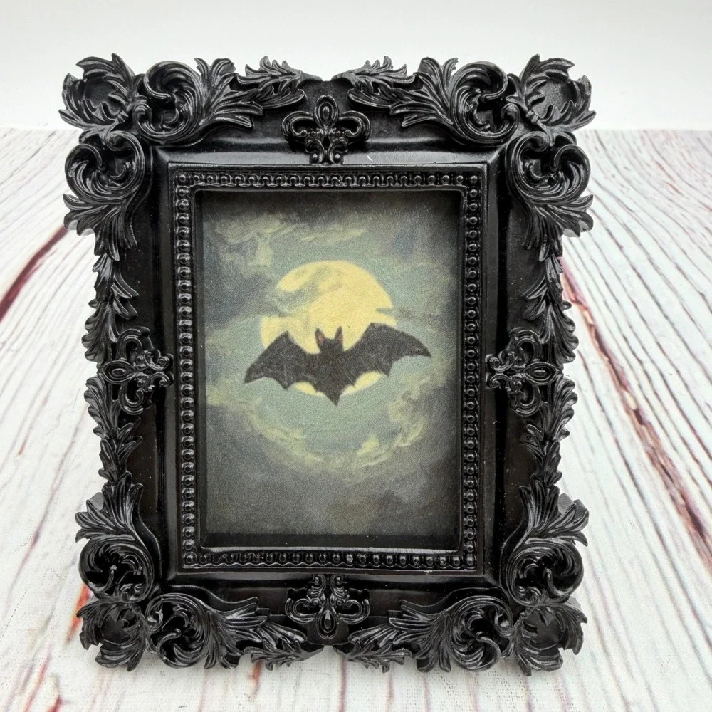 Gothic Bat Art Print Decoupaged Ornate Black Resin Frame Miniature Spooky Decor